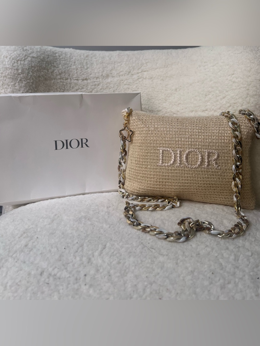 Dior Cream-Beige Raffia Upcycled beauty to Crossbody Bag with removable chain